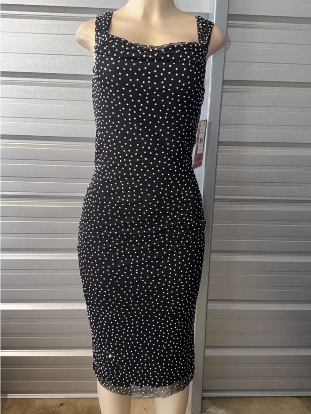 Emerald Sundae Black and White Polka Dot Midi Sheath Dress